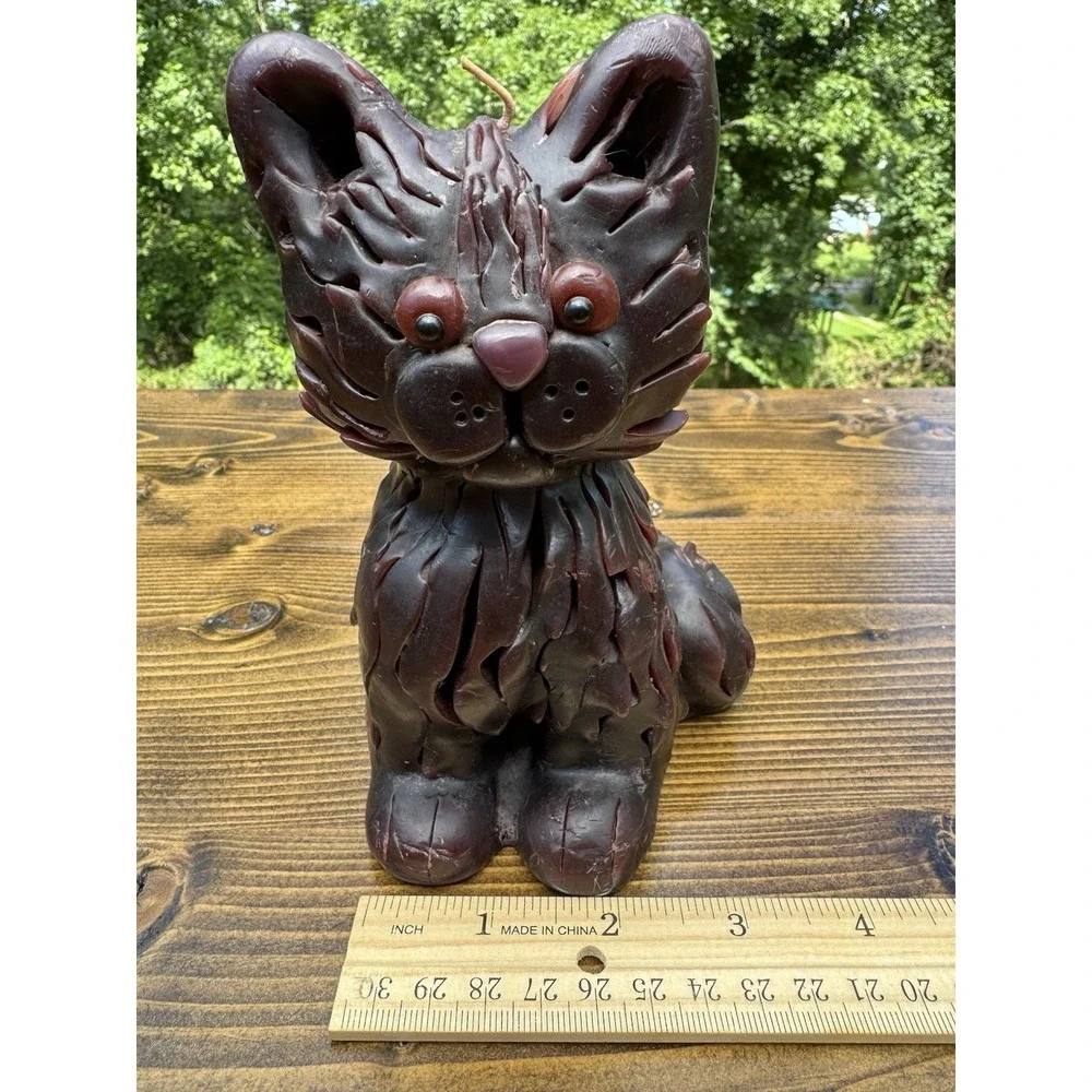 Brown Cat Candle Sculpture Folk Art Kitty Figure Wax Decor 6